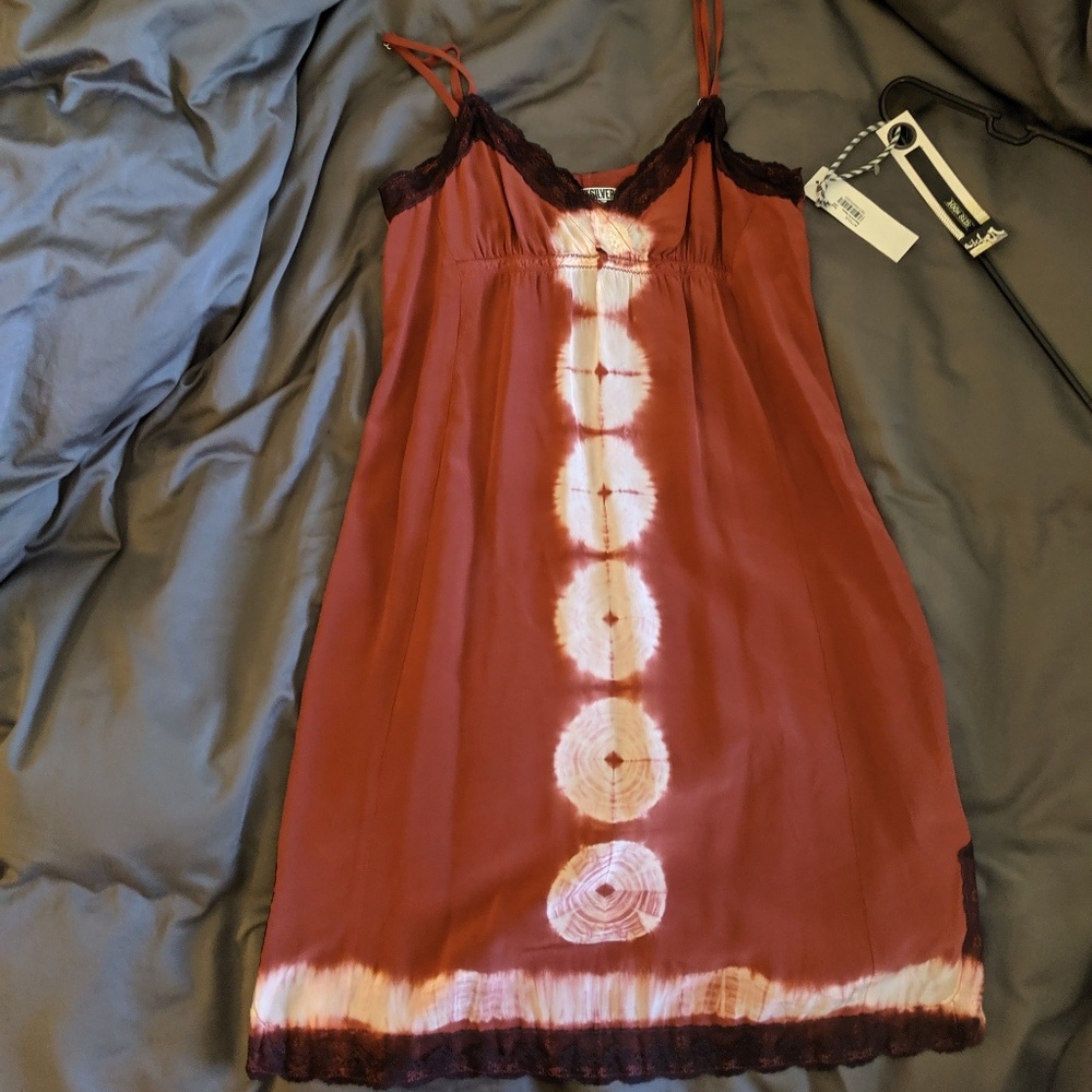 Quiksilver 100% silk rust tie dye dress small